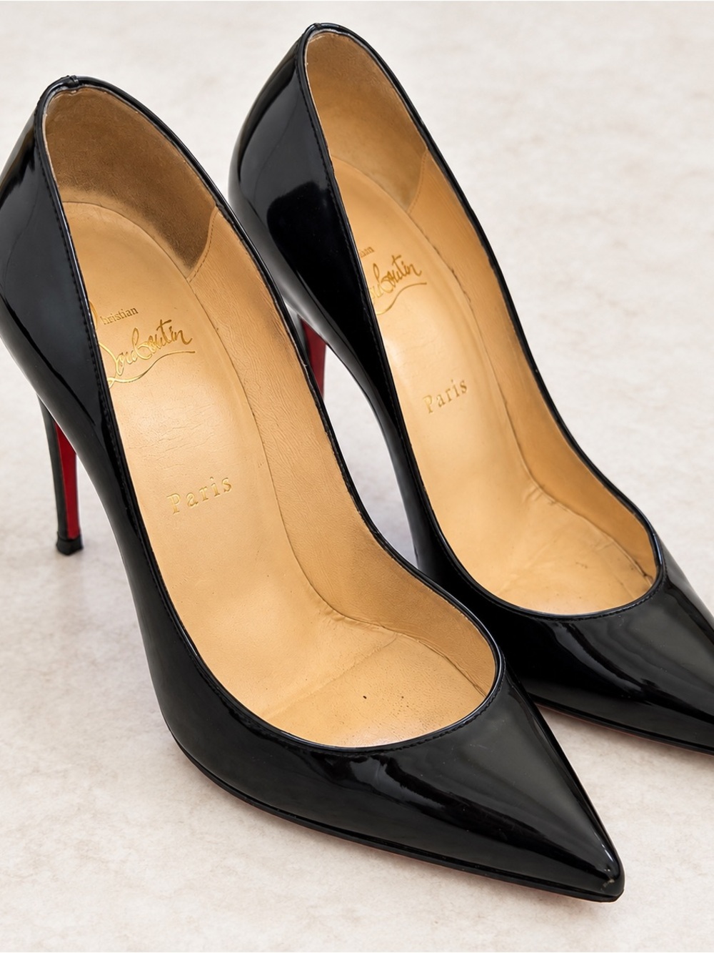 Christian Louboutin Black Patent Pointed-Toe Stiletto Pumps with Red Sole